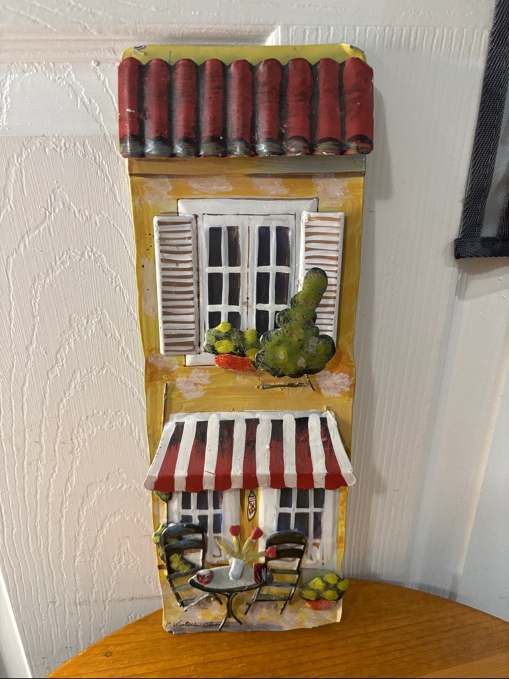 Metal Window Wall Decor with Red Striped Awning